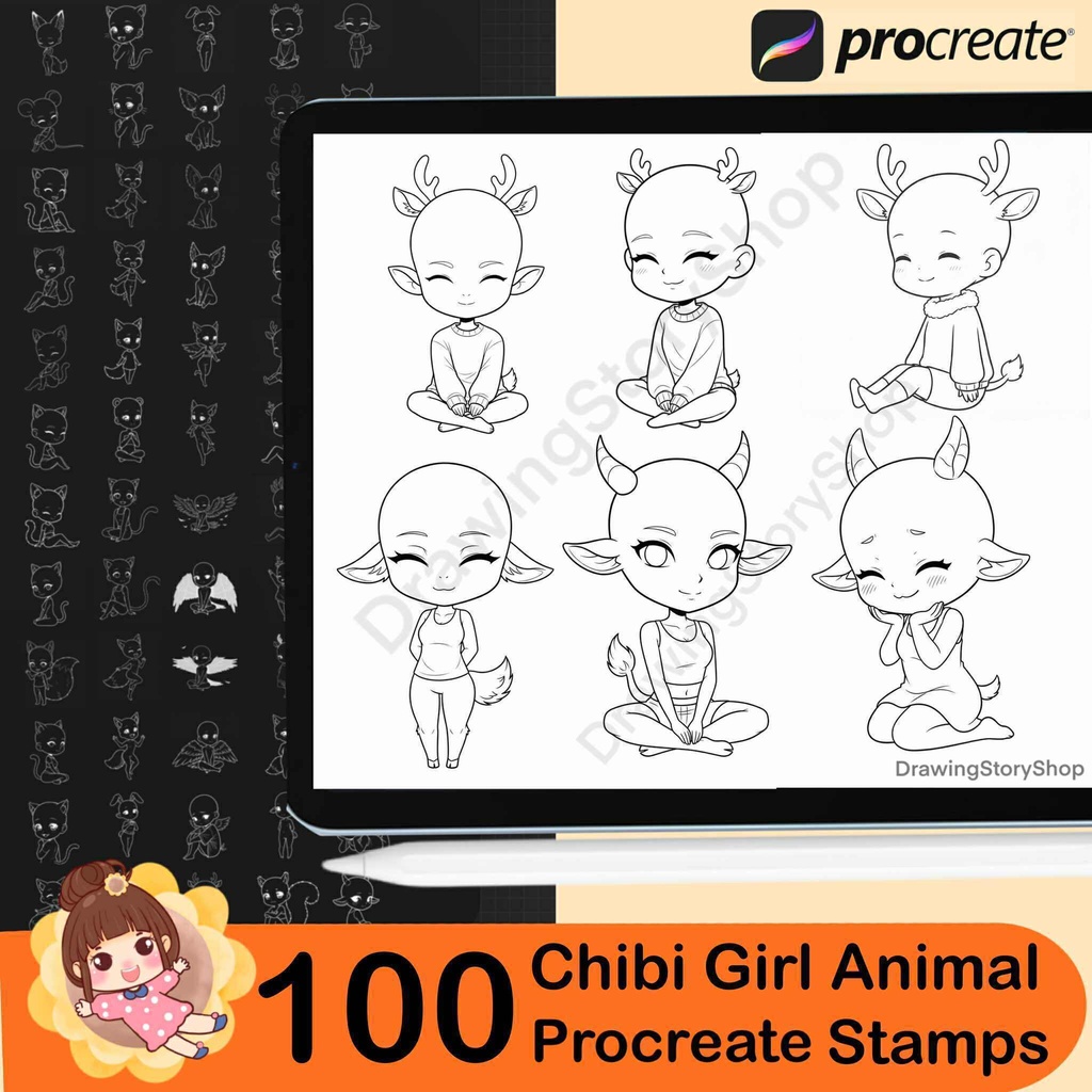 100 Procreate Chibi Girl Animal Stamp Brushes | Cute Chibi Poses | Base chibi |Kawaii Animal Character Set