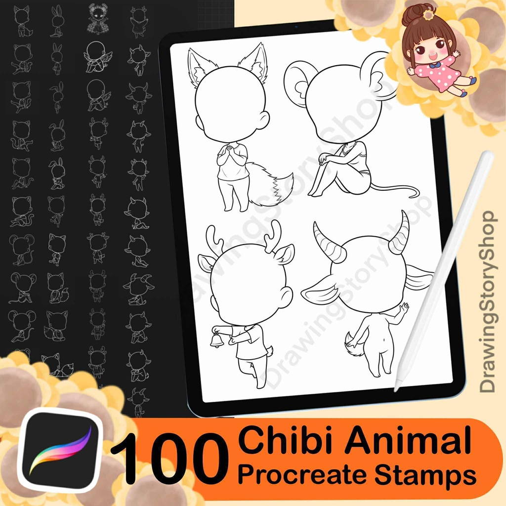 100 Procreate Chibi Girl Animal Stamp Brushes | Procreate Chibi Poses Stamps |Chibi Brushes | Chibi Bases