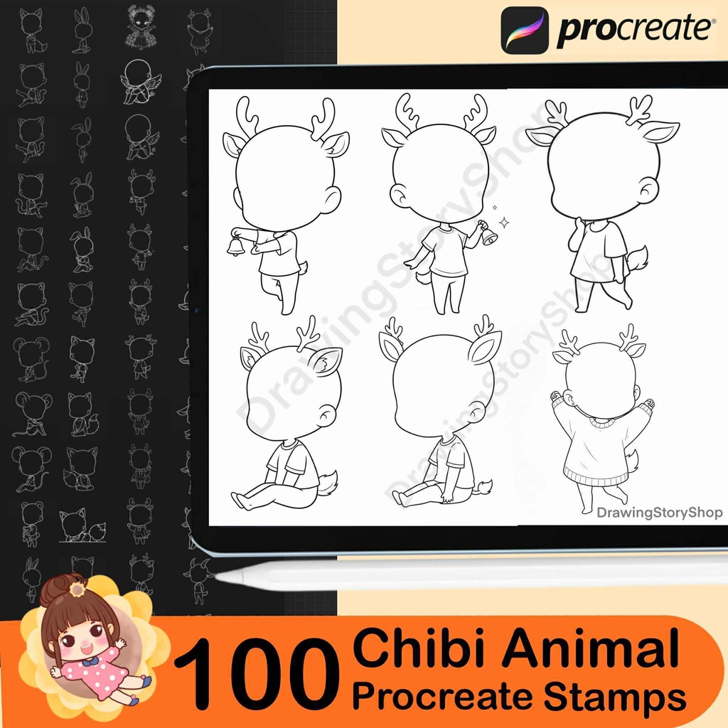 100 Procreate Chibi Girl Animal Stamp Brushes | Procreate Chibi Poses Stamps |Chibi Brushes | Chibi Bases