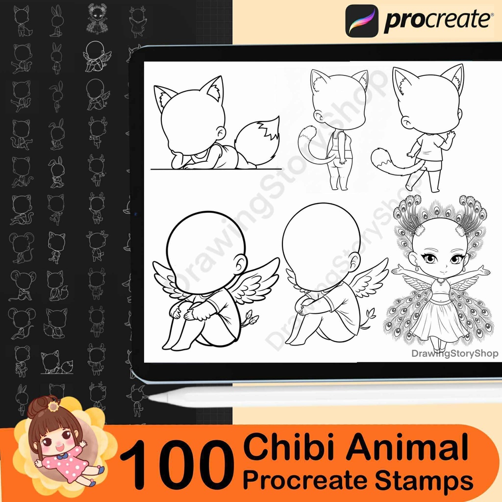 100 Procreate Chibi Girl Animal Stamp Brushes | Procreate Chibi Poses Stamps |Chibi Brushes | Chibi Bases