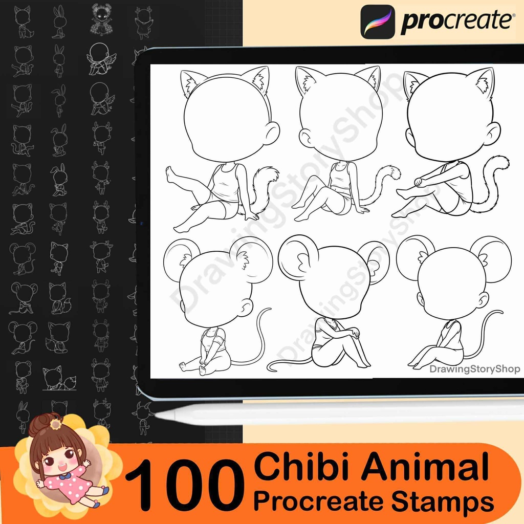 100 Procreate Chibi Girl Animal Stamp Brushes | Procreate Chibi Poses Stamps |Chibi Brushes | Chibi Bases