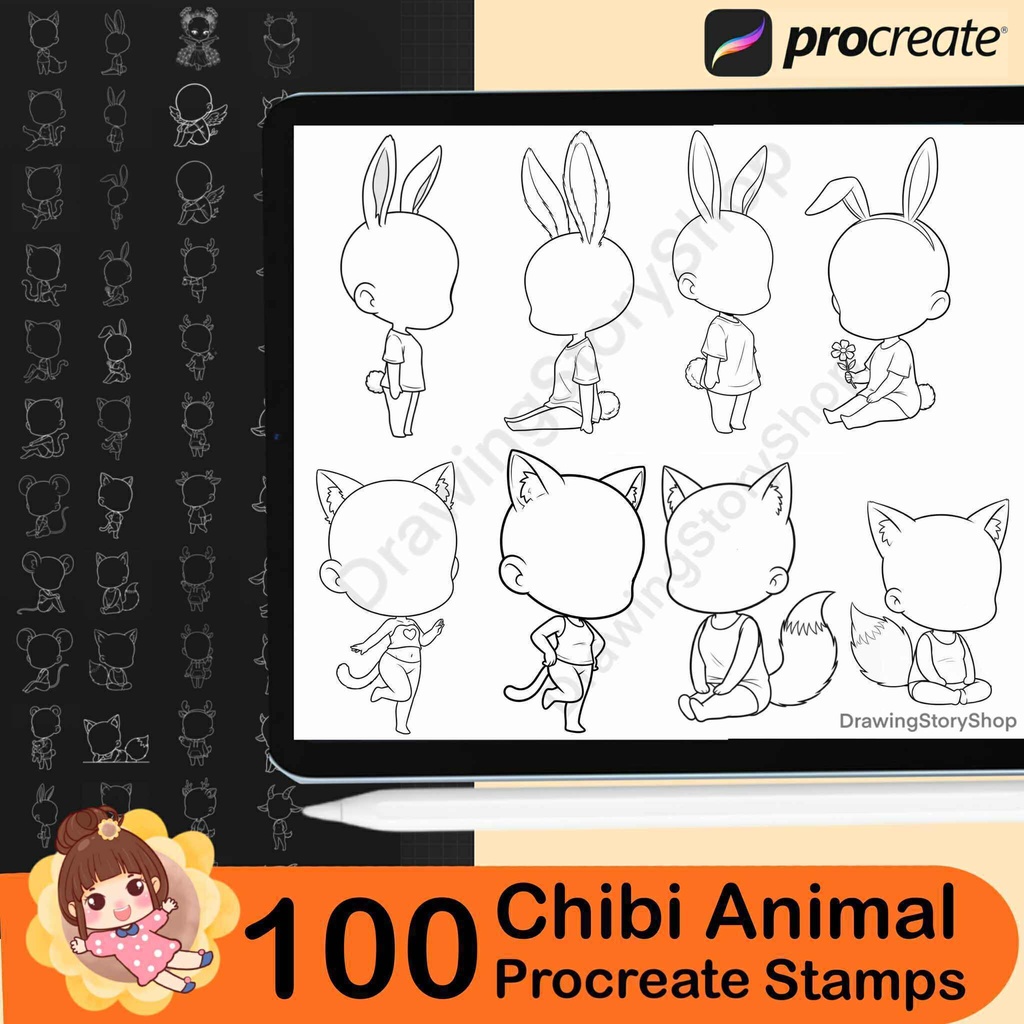 100 Procreate Chibi Girl Animal Stamp Brushes | Procreate Chibi Poses Stamps |Chibi Brushes | Chibi Bases