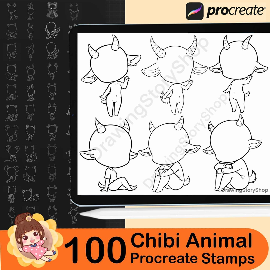 100 Procreate Chibi Girl Animal Stamp Brushes | Procreate Chibi Poses Stamps |Chibi Brushes | Chibi Bases