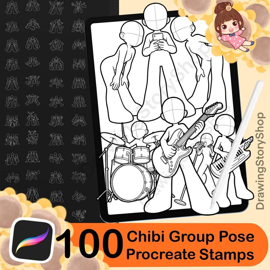 100 Procreate Chibi Group & Friends Pose Stamps – Team Activity, Social Anime Pose Reference
