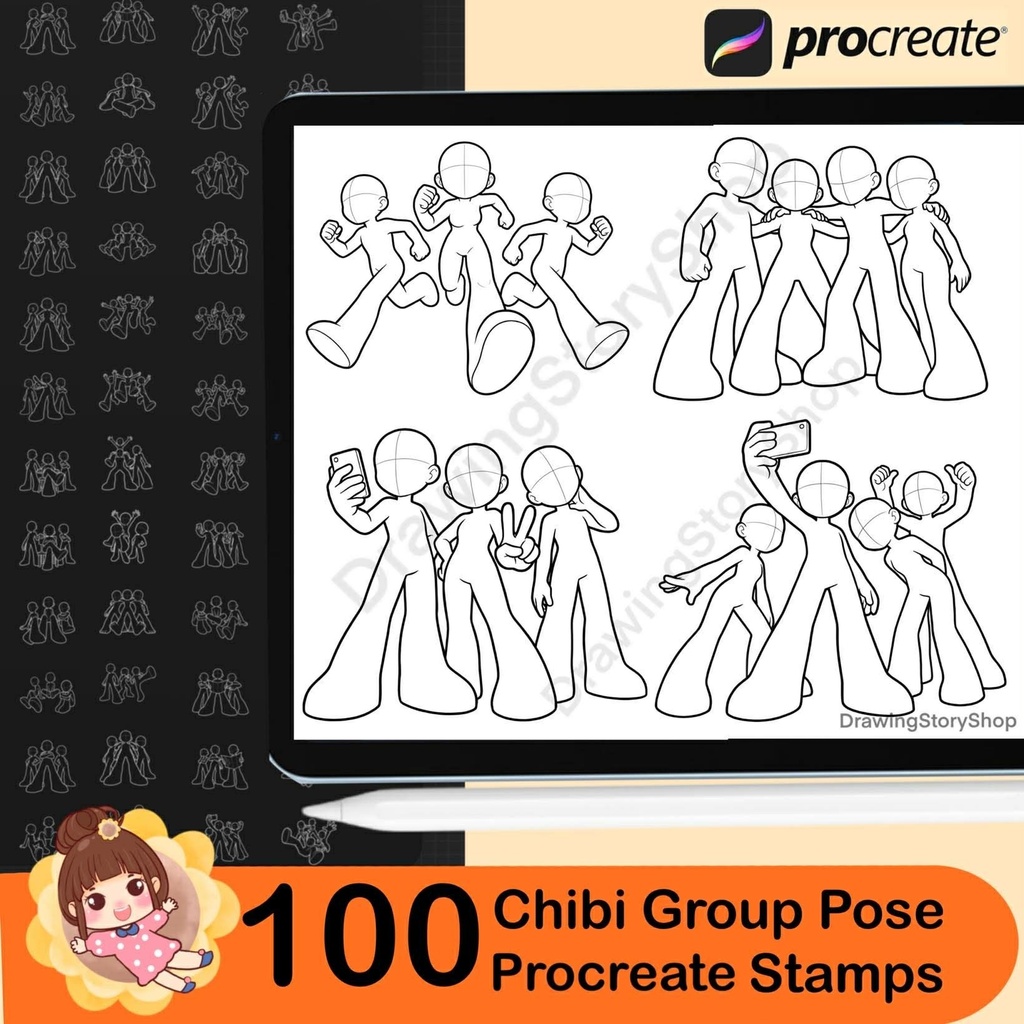 100 Procreate Chibi Group & Friends Pose Stamps – Team Activity, Social Anime Pose Reference