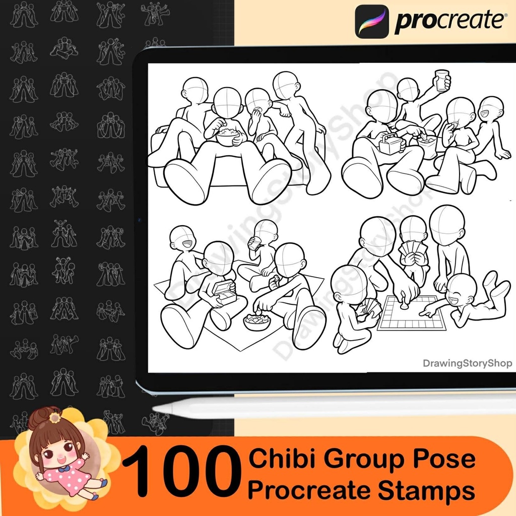 100 Procreate Chibi Group & Friends Pose Stamps – Team Activity, Social Anime Pose Reference