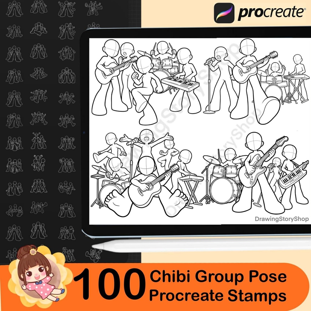100 Procreate Chibi Group & Friends Pose Stamps – Team Activity, Social Anime Pose Reference