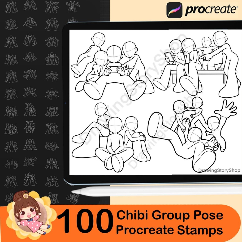 100 Procreate Chibi Group & Friends Pose Stamps – Team Activity, Social Anime Pose Reference