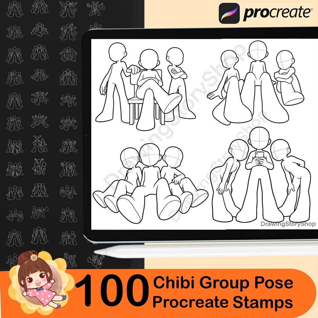 100 Procreate Chibi Group & Friends Pose Stamps – Team Activity, Social Anime Pose Reference