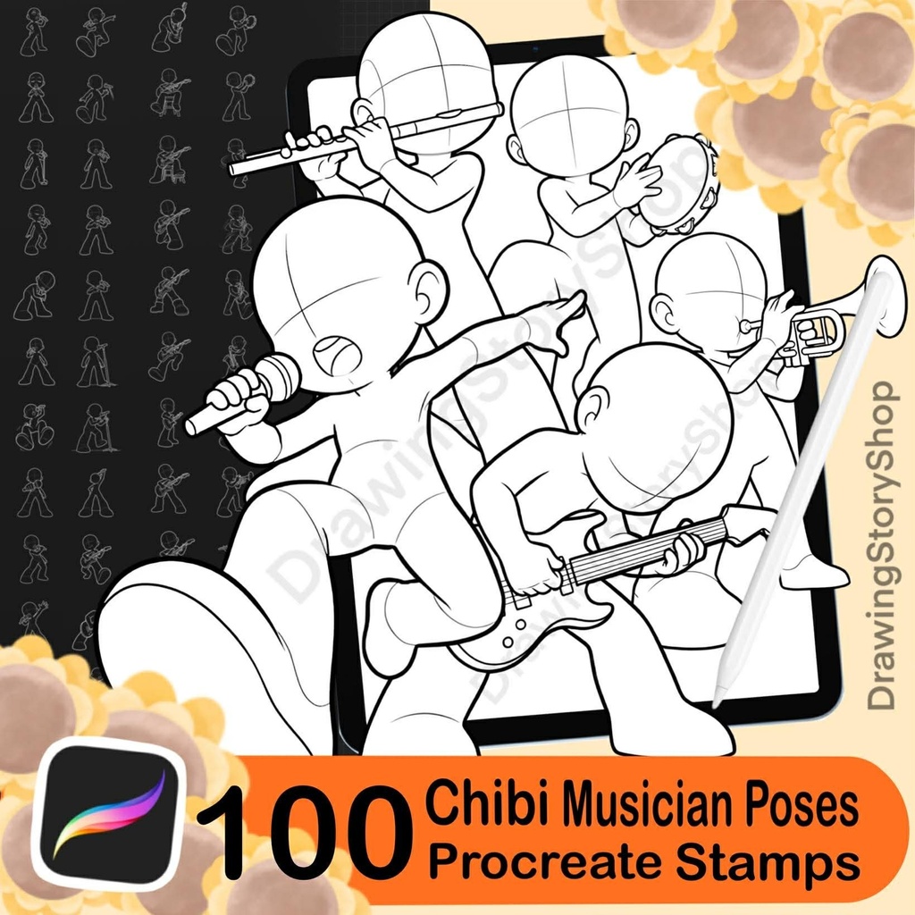 100 Procreate Chibi Musician Pose Stamps – Anime Singer Guitar Band Performance Poses