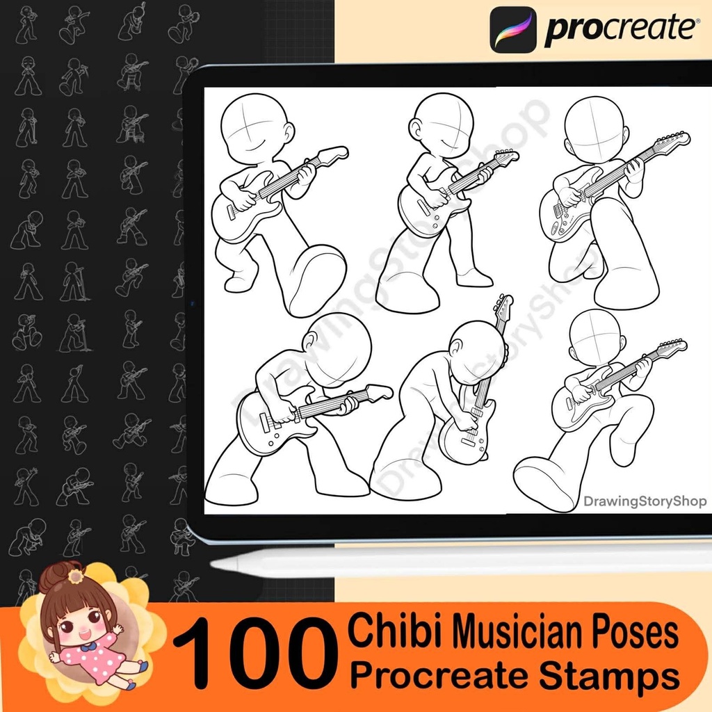 100 Procreate Chibi Musician Pose Stamps – Anime Singer Guitar Band Performance Poses