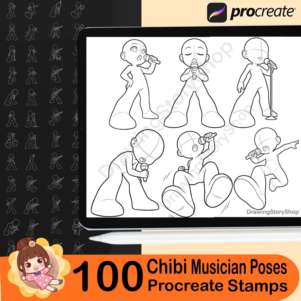 100 Procreate Chibi Musician Pose Stamps – Anime Singer Guitar Band Performance Poses