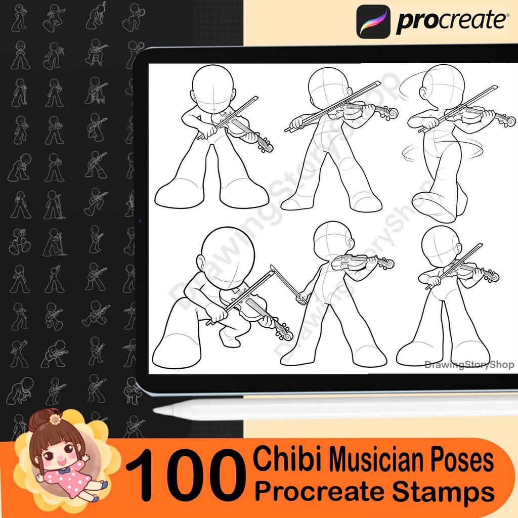 100 Procreate Chibi Musician Pose Stamps – Anime Singer Guitar Band Performance Poses