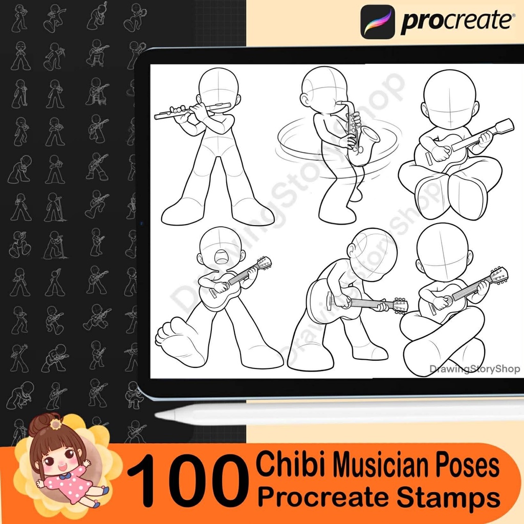 100 Procreate Chibi Musician Pose Stamps – Anime Singer Guitar Band Performance Poses