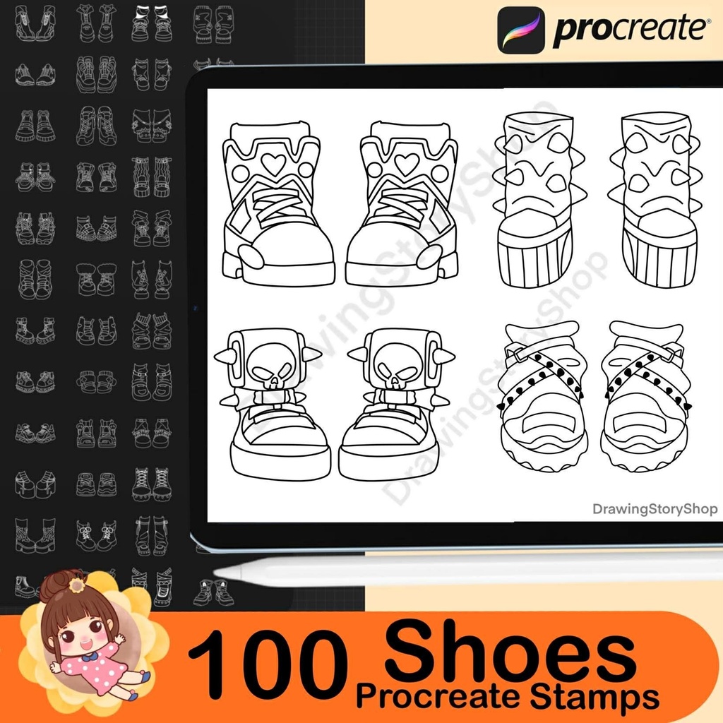 100 Procreate Chibi Shoes Stamp Brushes, Anime Girl & Boy Shoes, Sneaker Fashion, Manga Outfit Accessories