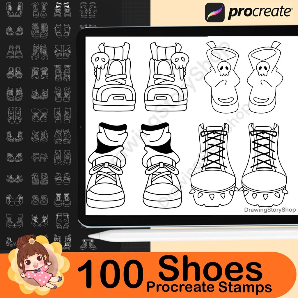 100 Procreate Chibi Shoes Stamp Brushes, Anime Girl & Boy Shoes, Sneaker Fashion, Manga Outfit Accessories