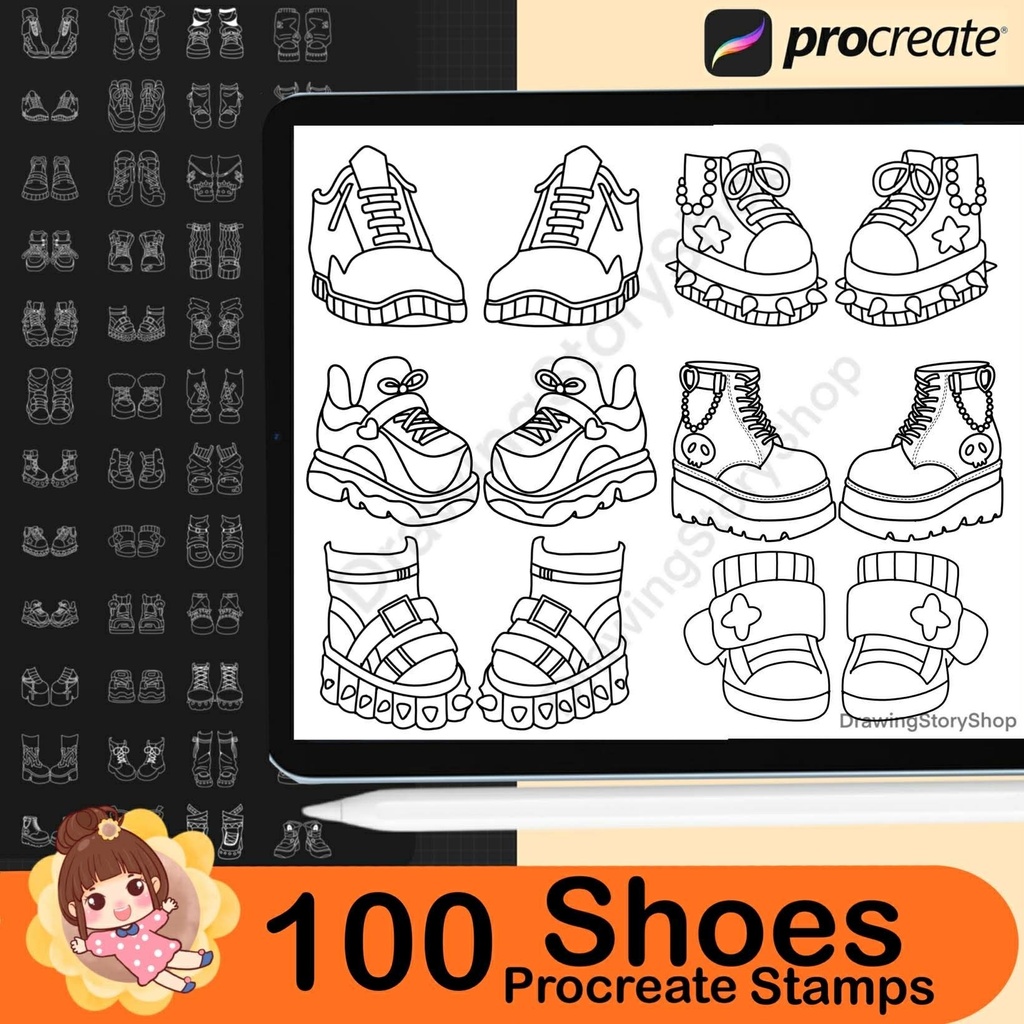 100 Procreate Chibi Shoes Stamp Brushes, Anime Girl & Boy Shoes, Sneaker Fashion, Manga Outfit Accessories