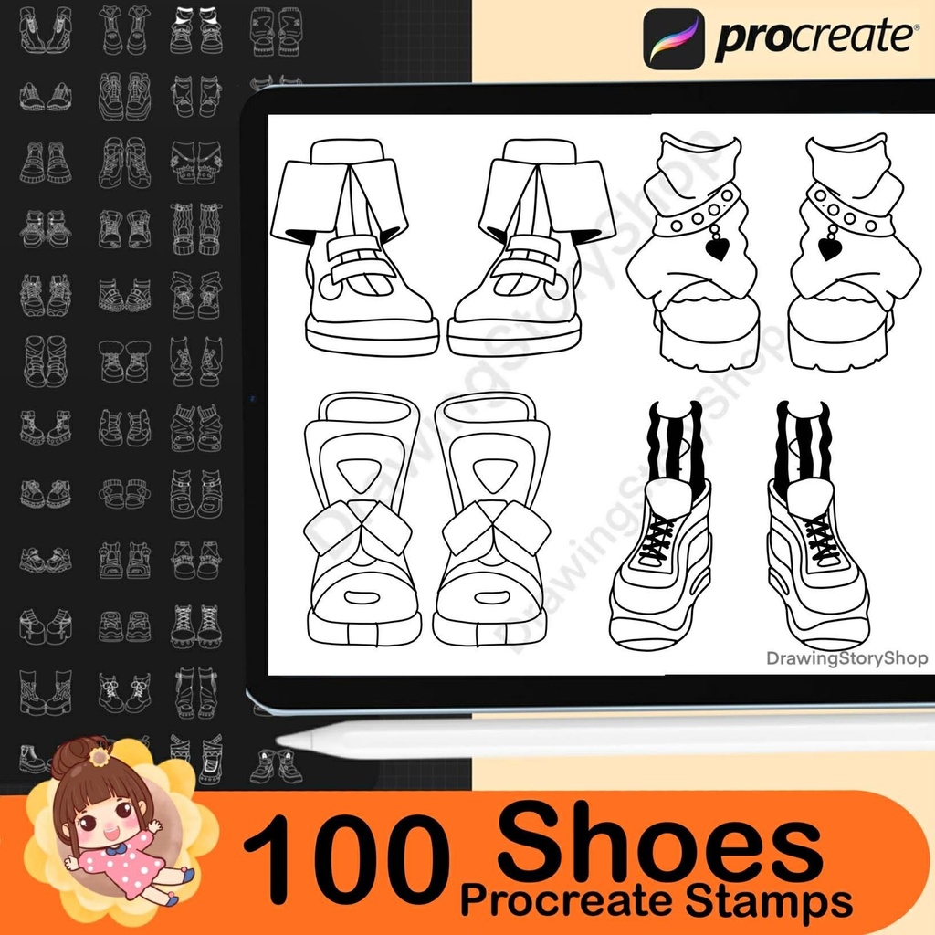 100 Procreate Chibi Shoes Stamp Brushes, Anime Girl & Boy Shoes, Sneaker Fashion, Manga Outfit Accessories
