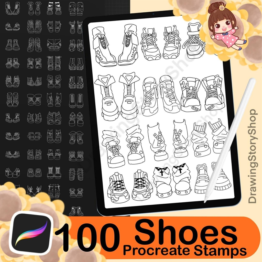 100 Procreate Chibi Shoes Stamp Brushes, Anime Girl & Boy Shoes, Sneaker Fashion, Manga Outfit Accessories