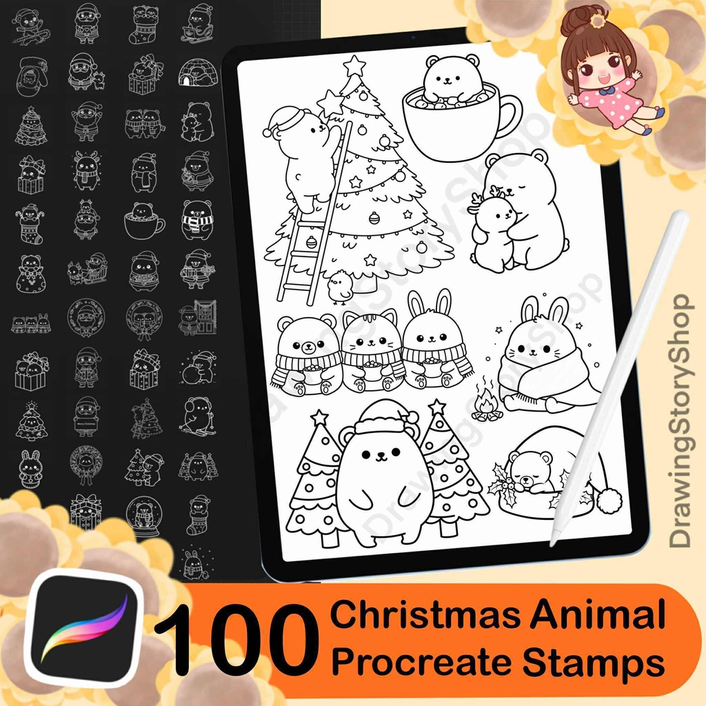 100 Procreate Christmas Animal Stamps | Cute Cat Bear Bunny Doodles | Holiday Brush Set