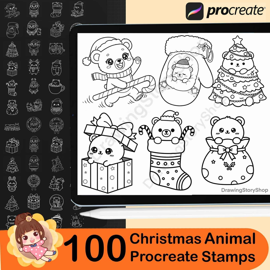 100 Procreate Christmas Animal Stamps | Cute Cat Bear Bunny Doodles | Holiday Brush Set