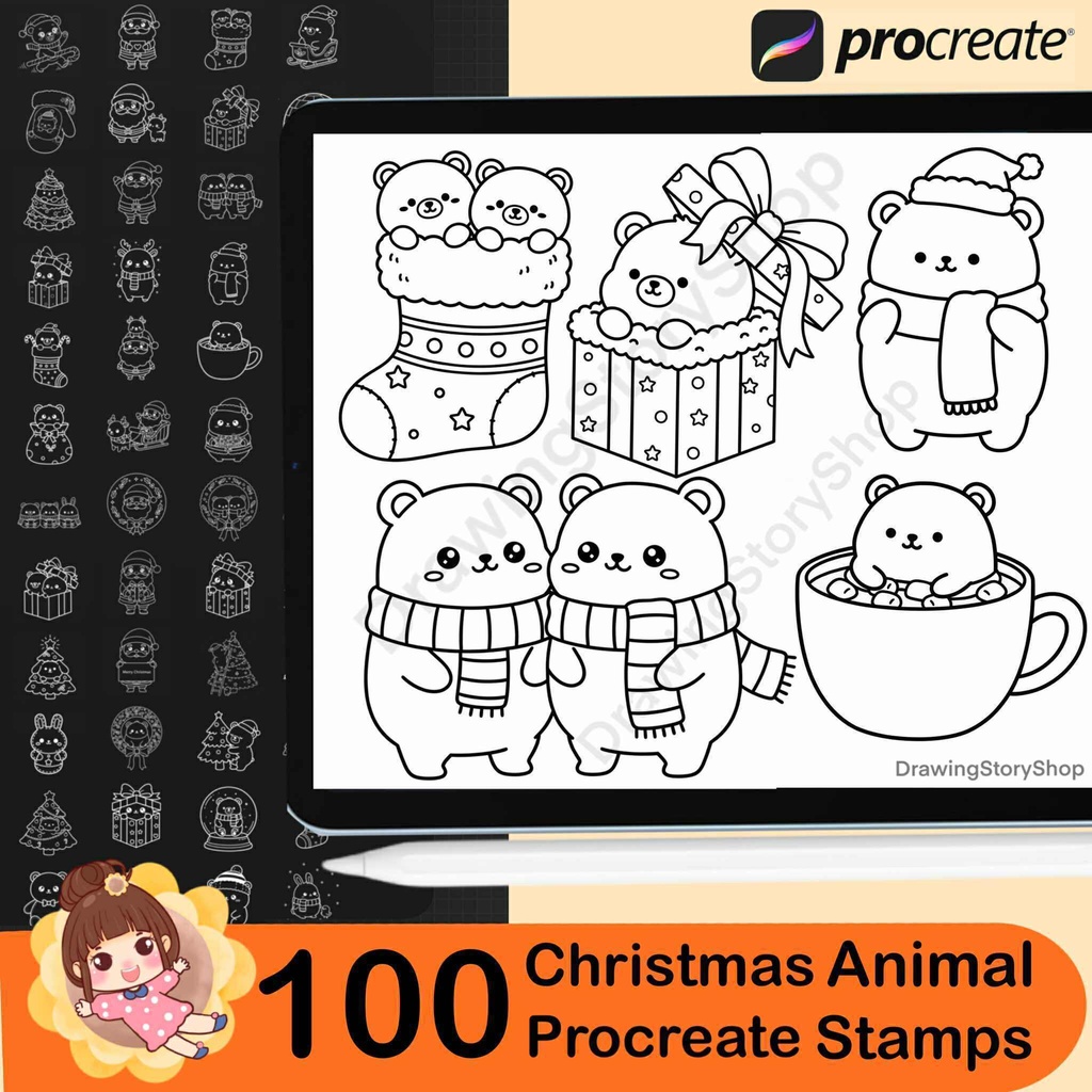 100 Procreate Christmas Animal Stamps | Cute Cat Bear Bunny Doodles | Holiday Brush Set