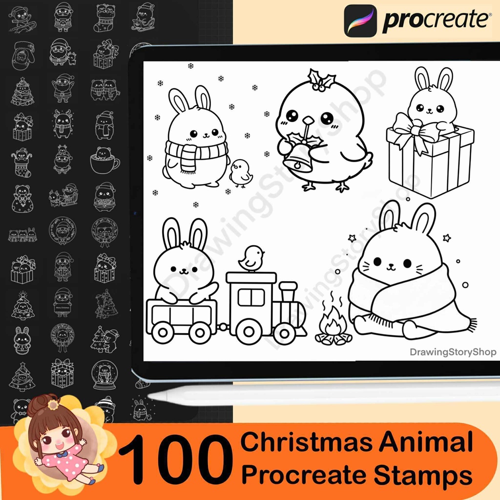 100 Procreate Christmas Animal Stamps | Cute Cat Bear Bunny Doodles | Holiday Brush Set