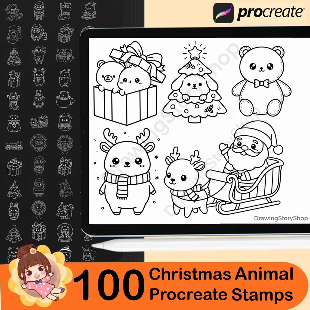 100 Procreate Christmas Animal Stamps | Cute Cat Bear Bunny Doodles | Holiday Brush Set