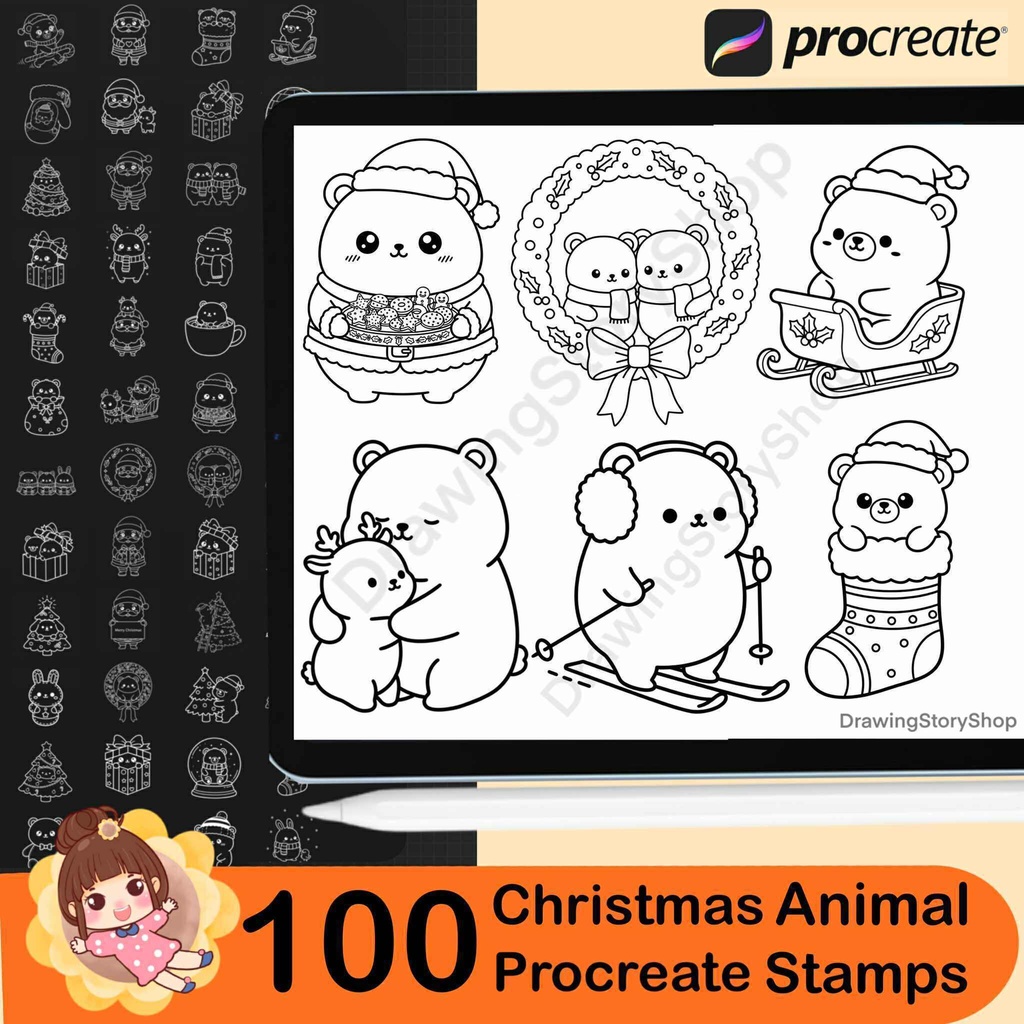 100 Procreate Christmas Animal Stamps | Cute Cat Bear Bunny Doodles | Holiday Brush Set
