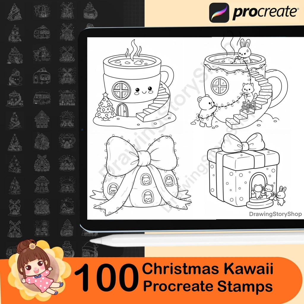 100 Procreate Christmas Stamps Brushes, Kawaii Doodle Animals in Cozy Home