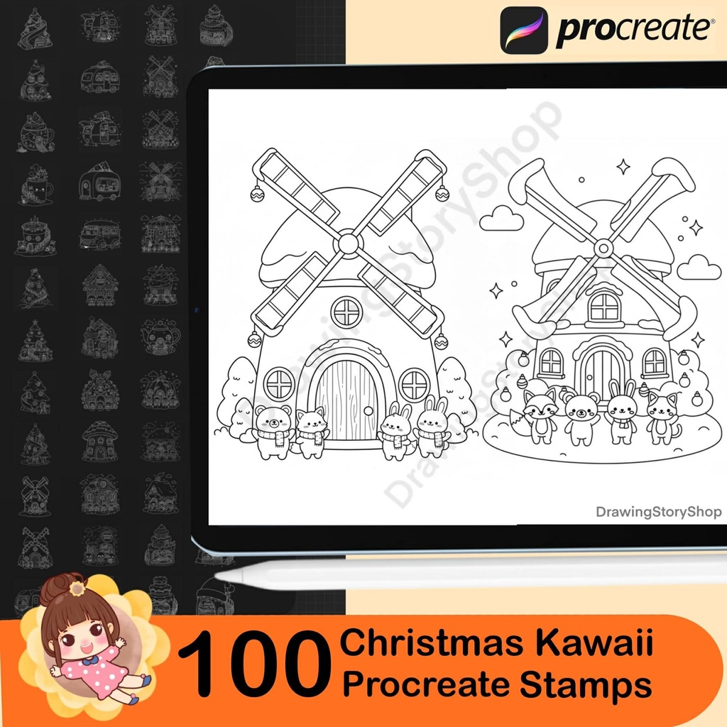 100 Procreate Christmas Stamps Brushes, Kawaii Doodle Animals in Cozy Home