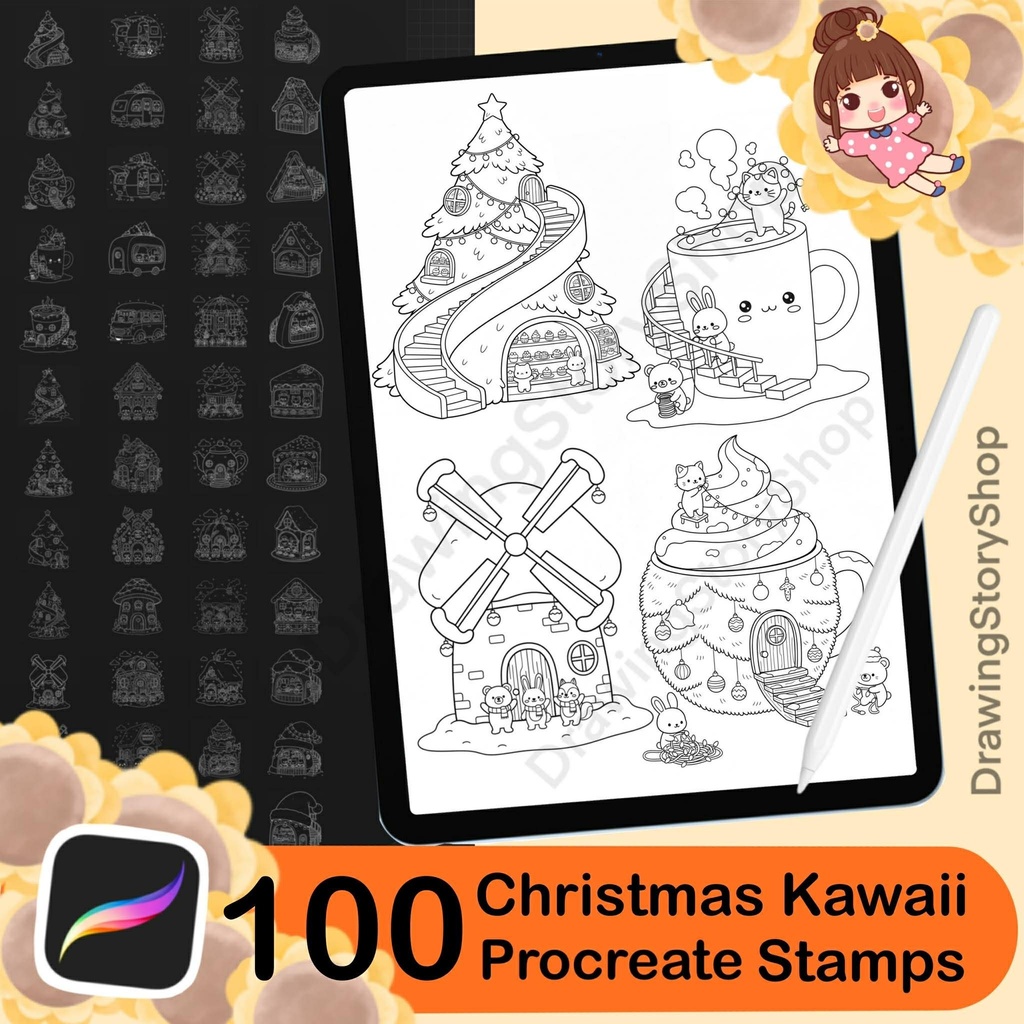 100 Procreate Christmas Stamps Brushes, Kawaii Doodle Animals in Cozy Home