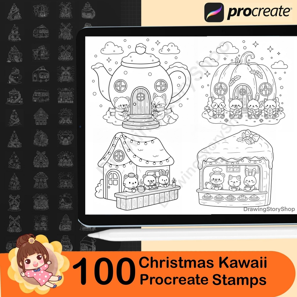 100 Procreate Christmas Stamps Brushes, Kawaii Doodle Animals in Cozy Home
