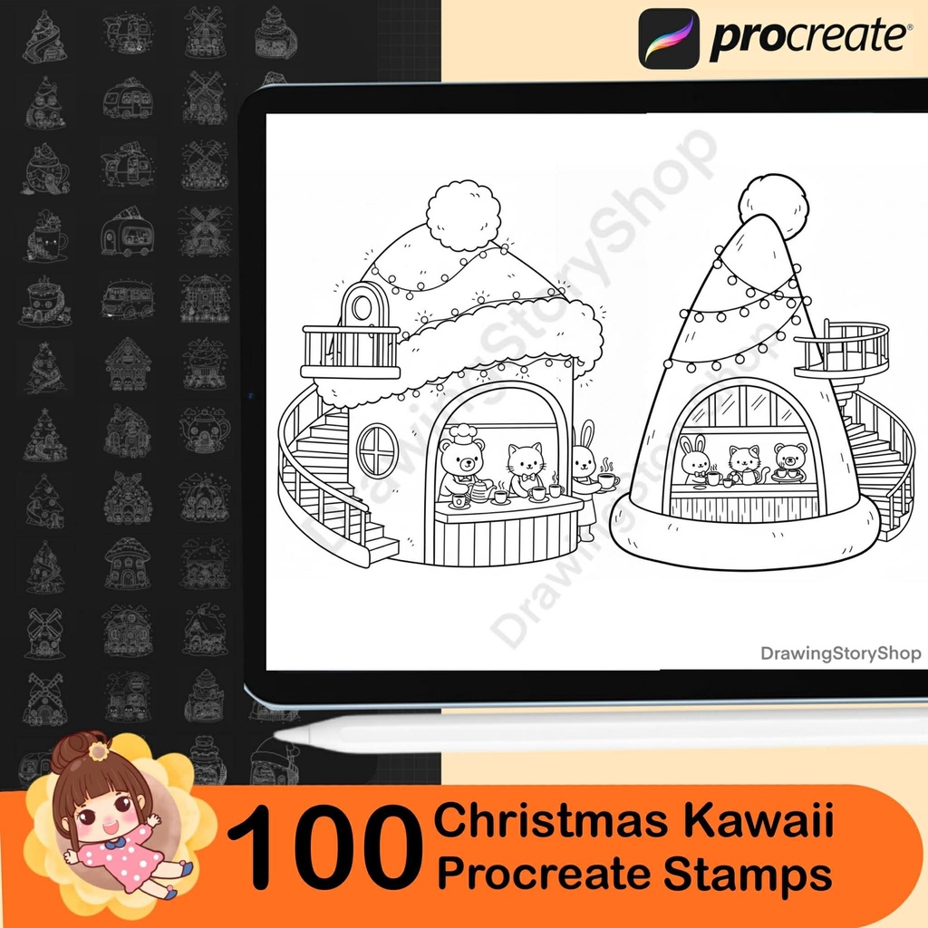 100 Procreate Christmas Stamps Brushes, Kawaii Doodle Animals in Cozy Home