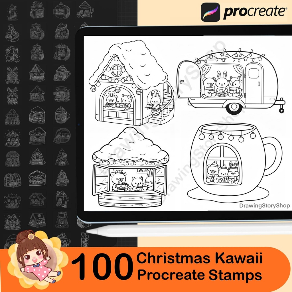 100 Procreate Christmas Stamps Brushes, Kawaii Doodle Cozy Animal Set