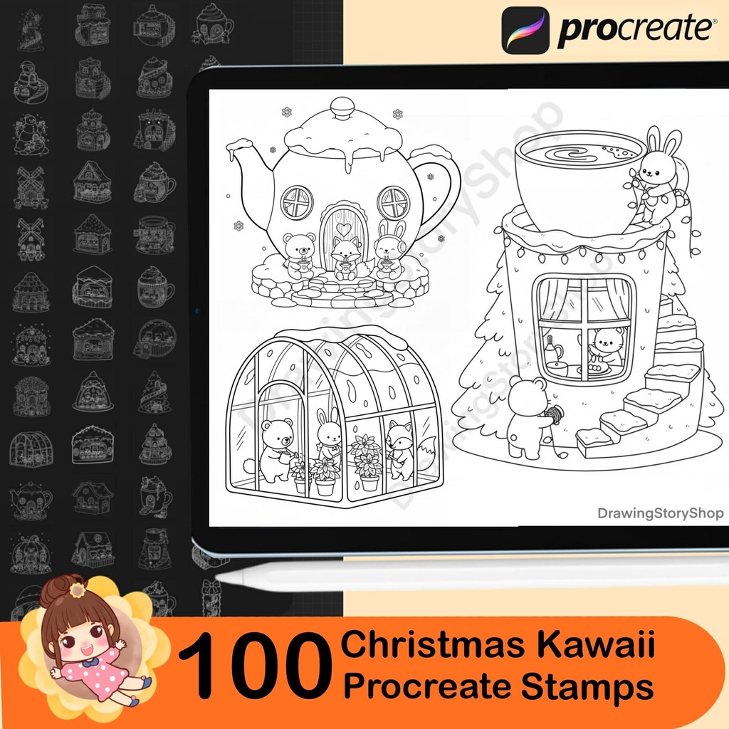 100 Procreate Christmas Stamps Brushes, Kawaii Doodle Cozy Animal Set