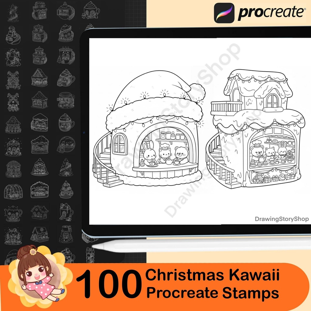 100 Procreate Christmas Stamps Brushes, Kawaii Doodle Cozy Animal Set