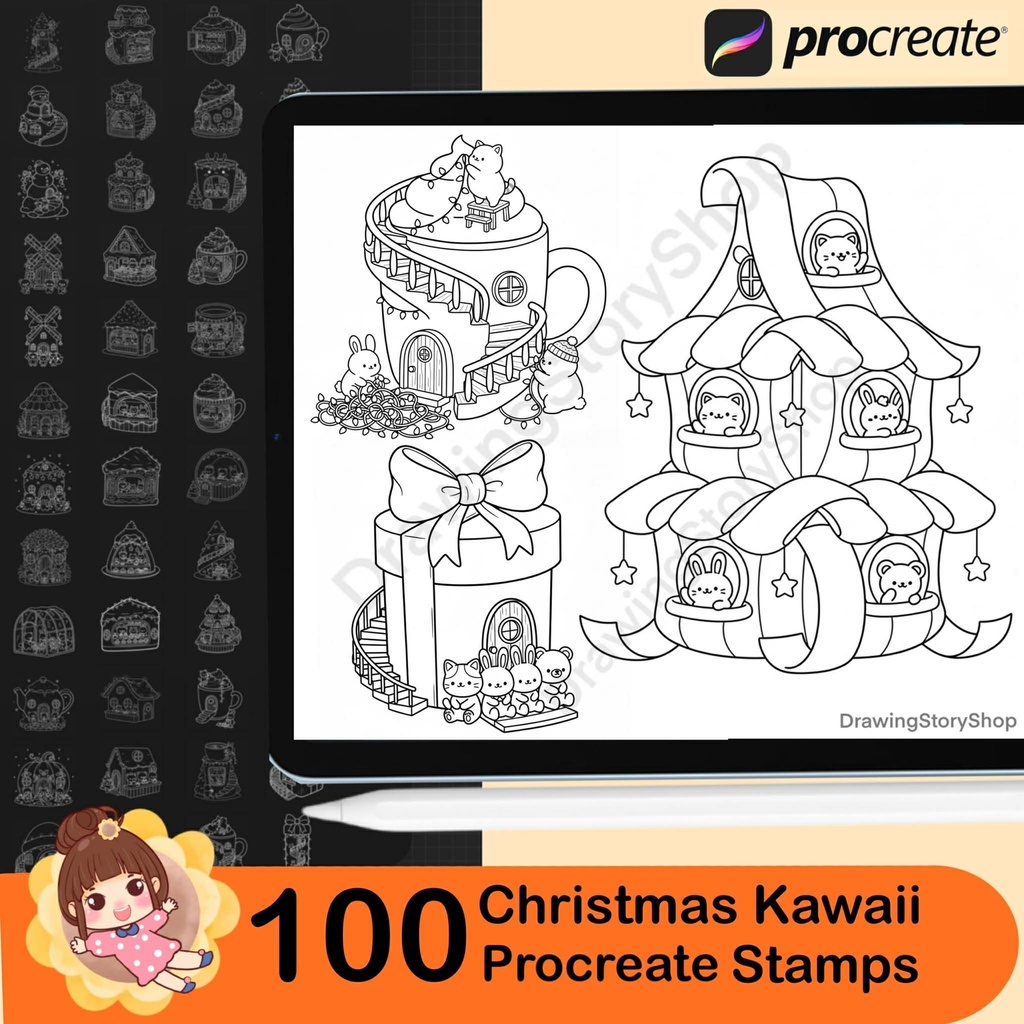 100 Procreate Christmas Stamps Brushes, Kawaii Doodle Cozy Animal Set