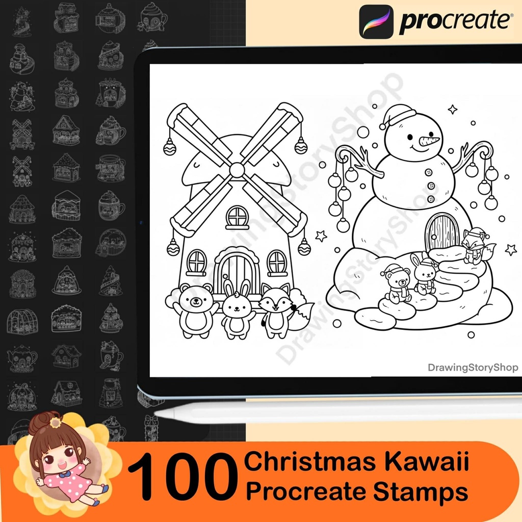100 Procreate Christmas Stamps Brushes, Kawaii Doodle Cozy Animal Set