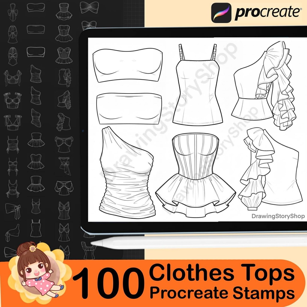 100 Procreate Clothing Stamps : Anime Clothes Tops Manga Outfit Brush