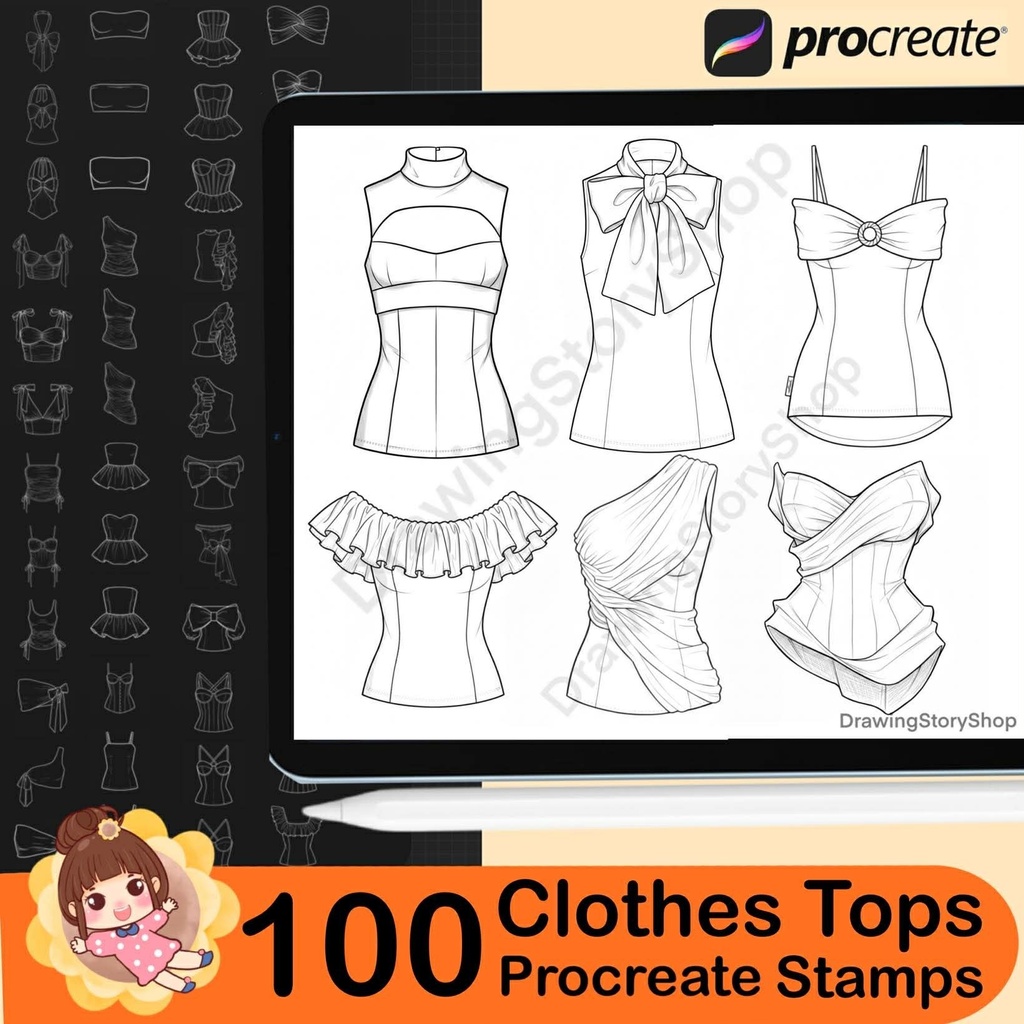 100 Procreate Clothing Stamps : Anime Clothes Tops Manga Outfit Brush