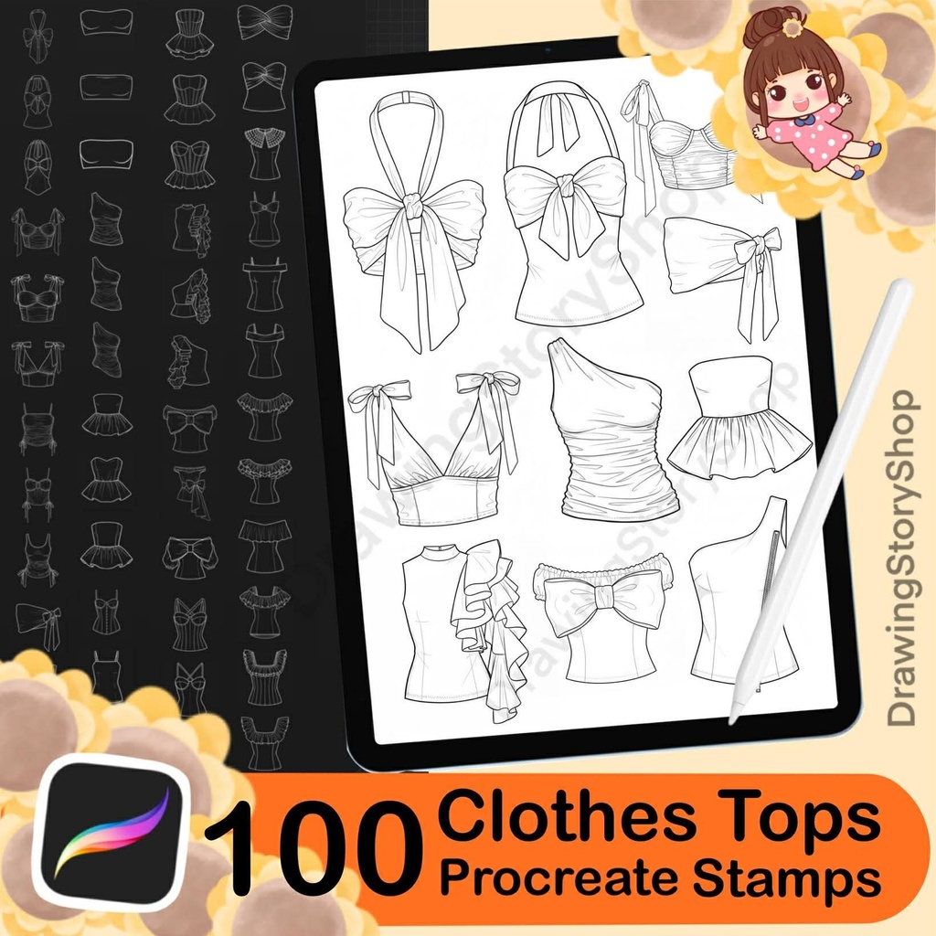 100 Procreate Clothing Stamps : Anime Clothes Tops Manga Outfit Brush