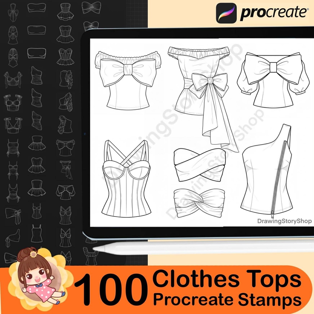 100 Procreate Clothing Stamps : Anime Clothes Tops Manga Outfit Brush