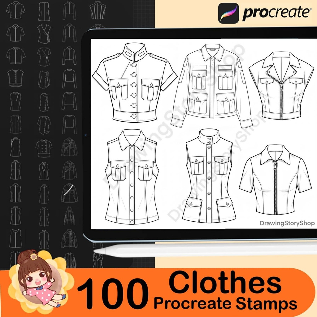 100 Procreate Clothing Stamps Brushes | Female Tops, Shirts , T-Shirts, Hoodie