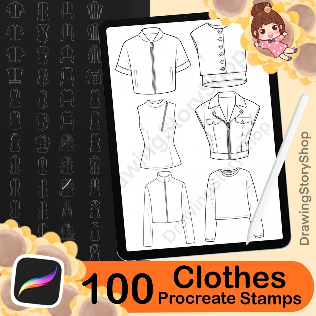 100 Procreate Clothing Stamps Brushes | Female Tops, Shirts , T-Shirts, Hoodie
