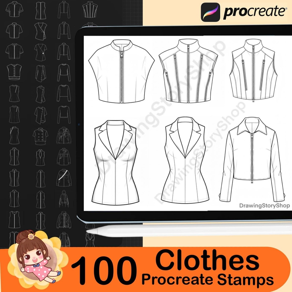100 Procreate Clothing Stamps Brushes | Female Tops, Shirts , T-Shirts, Hoodie