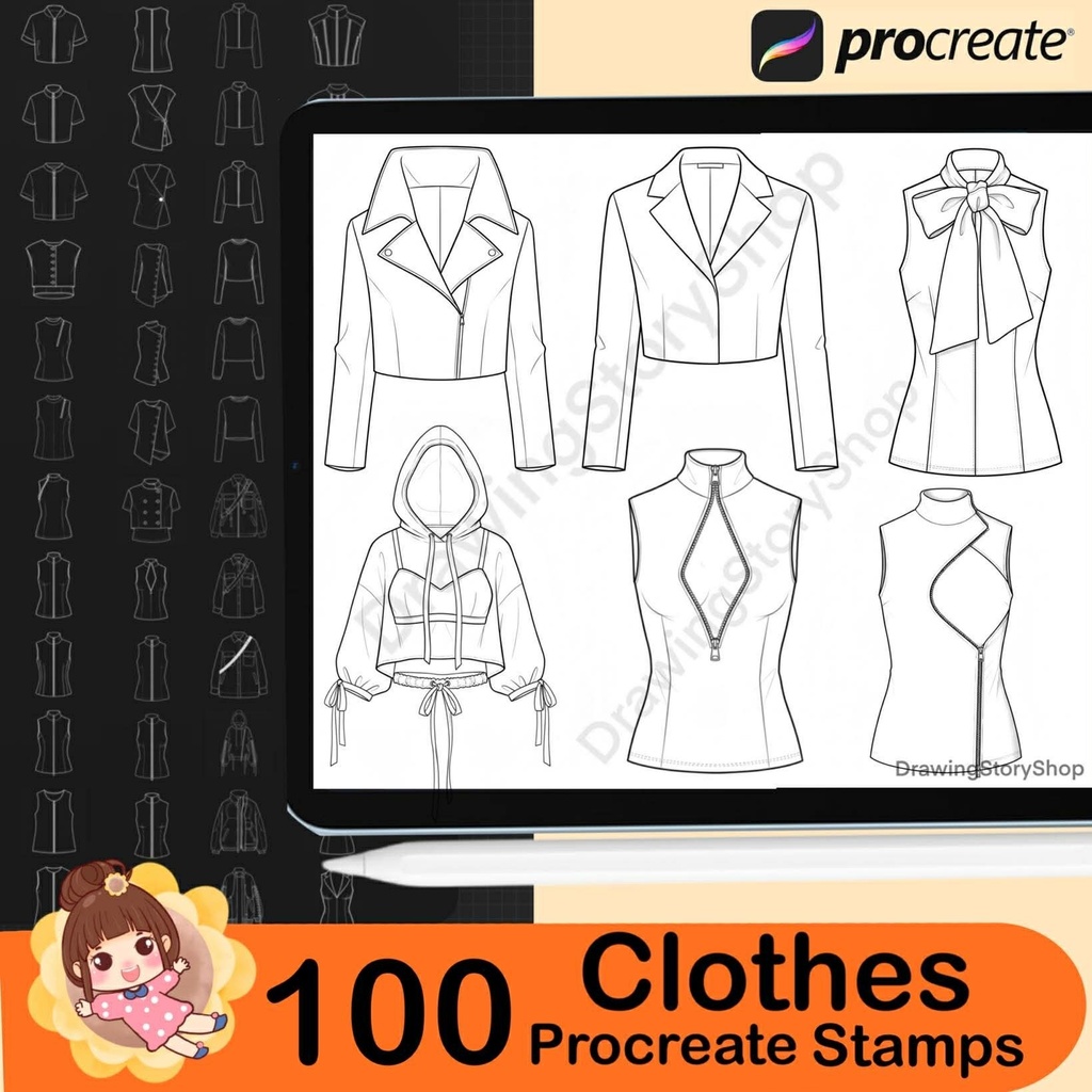 100 Procreate Clothing Stamps Brushes | Female Tops, Shirts , T-Shirts, Hoodie
