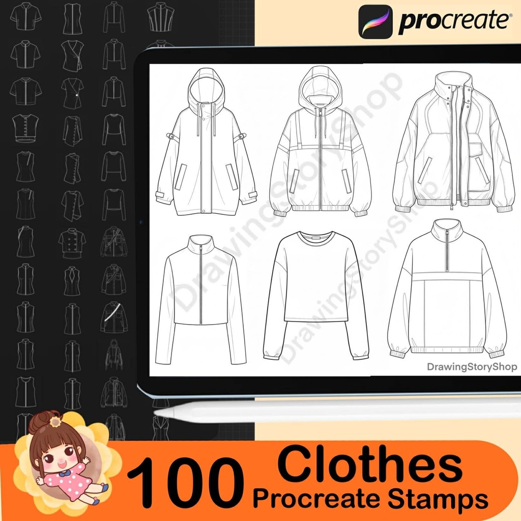 100 Procreate Clothing Stamps Brushes | Female Tops, Shirts , T-Shirts, Hoodie