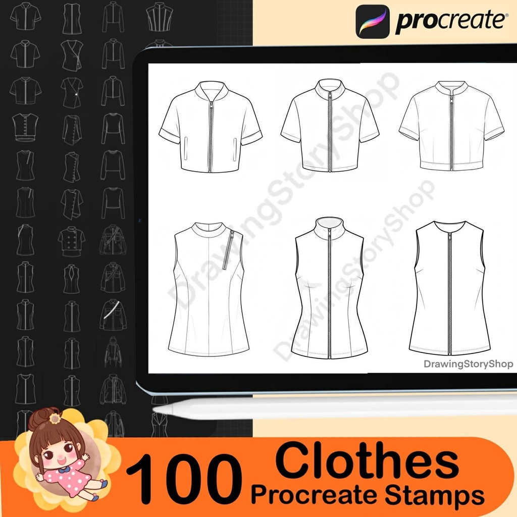 100 Procreate Clothing Stamps Brushes | Female Tops, Shirts , T-Shirts, Hoodie