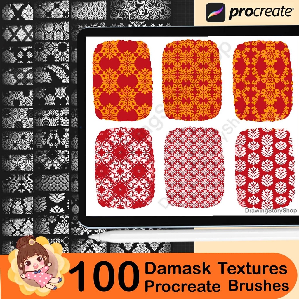 100 Procreate Damask Patterns | Seamless Traditional Floral Damask Texture Brushes | Vintage Procreate Damask Brush Set
